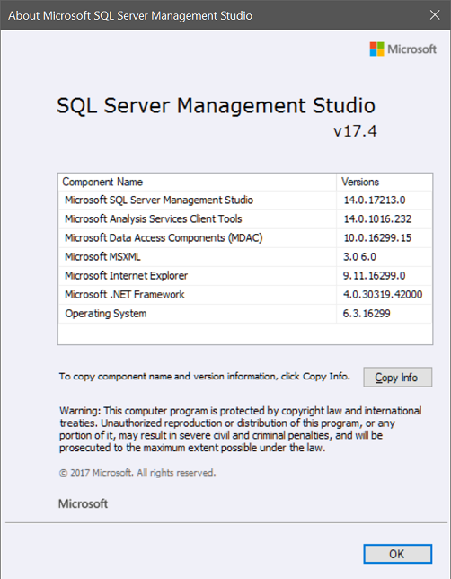 SSMS 2017 About